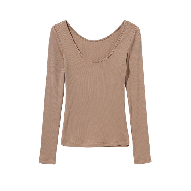 BERAN European and American sexy simplicity base round collar, thin pure color long -sleeved T -shirt bottom shirt