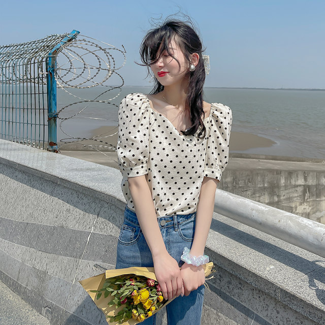 Chiffon polka dot top for women summer French square collar clavicle slim puff sleeve short sleeve thin retro printed shirt