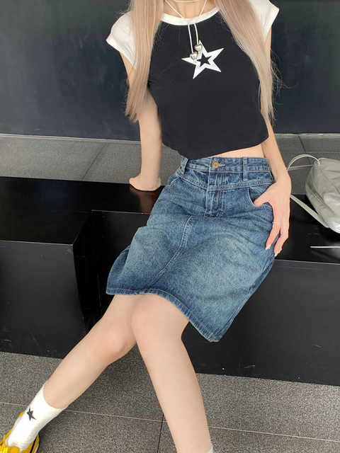Retro -made old denim skirt skirt female 2024 autumn high waist and thin pear -shaped wearing A -line long skirt