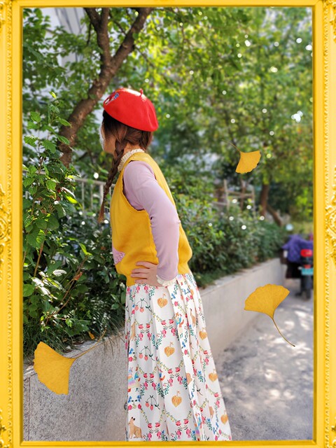 Spot skirt printed spring and autumn beige sweet midi skirt pleated women's style pastoral Japanese rabbit cat