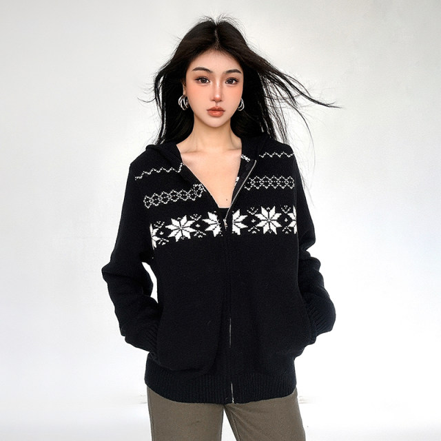 FUNOFF Fair Island Bath Style Black Zipper Hooded Sweater Jacket 2024 Winter Christmas Knitted Top for Women