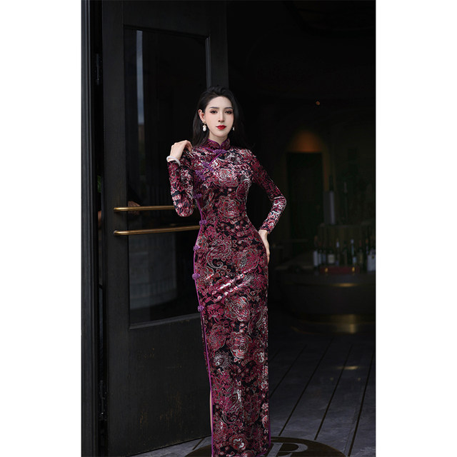 Original design high -definition velvet flower slim high waist printing temperament new Chinese cheongsam
