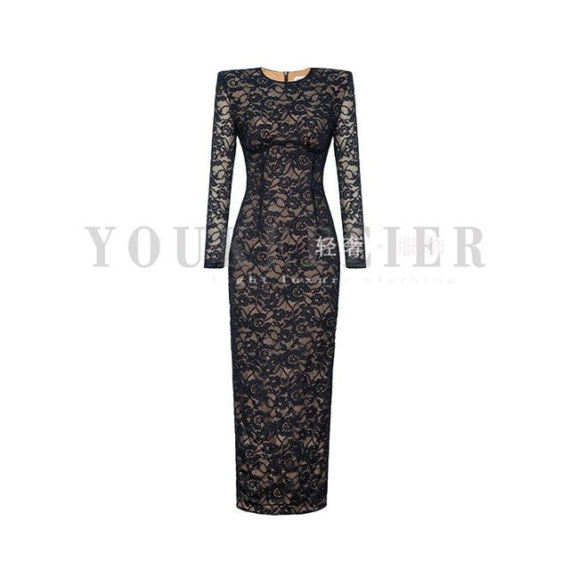 Original design of haute couture lace spring feminine temperament elegant high waist slimming dress
