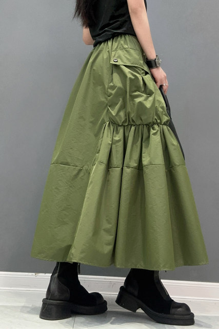 2025 summer new women's skirt big sway long skirt military green big pocket splicing casual loose versatile
