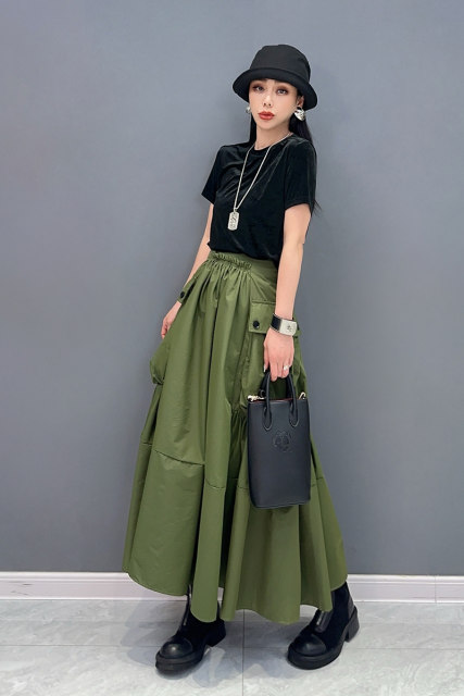 2025 summer new women's skirt big sway long skirt military green big pocket splicing casual loose versatile
