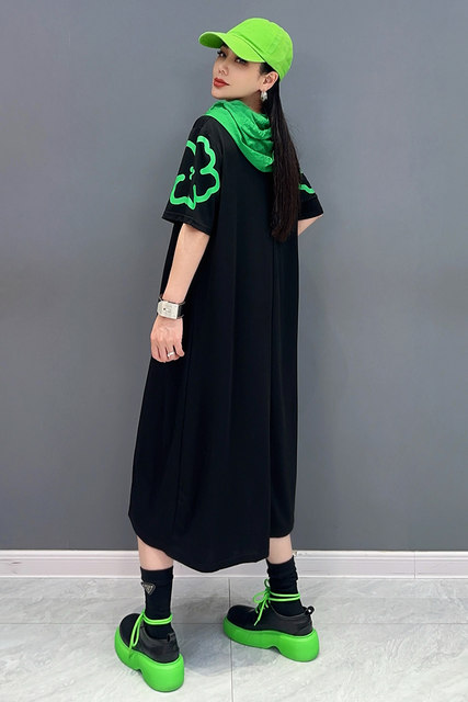 2025 summer new women's dress hooded printed spliced ​​midi skirt loose large size casual and fashionable slim