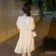 High-end round neck pleated texture short-sleeved dress for women 2025 summer new fashionable slim A-line midi skirt