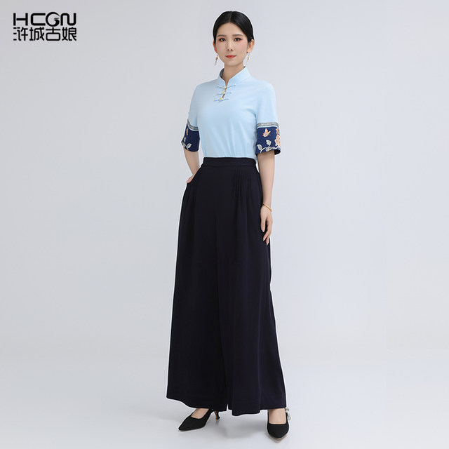 Summer Chinese style versatile fashion casual slim retro daily commute women's middle sleeve T -shirt embroidered Chinese top
