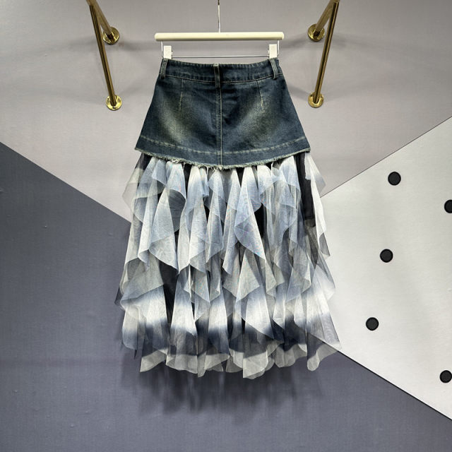 Mesh smudged layer cake skirt for women in women's 2025 spring and summer new versatile slim mid-length spliced ​​denim skirt