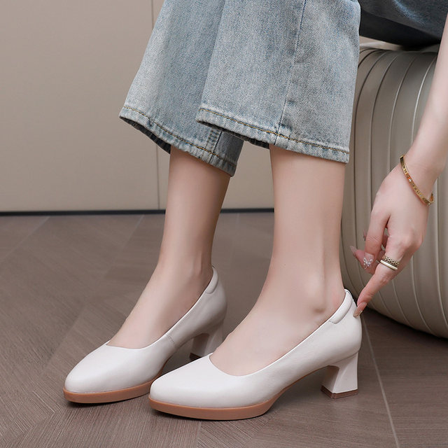 Genuine leather high heels spring and autumn new thick heel model performance leather shoes with skirt work shoes fashionable single shoes women 32