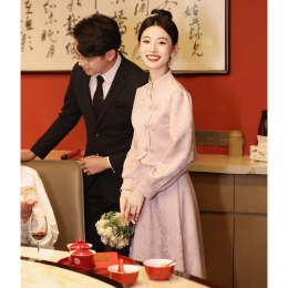 Pink Cheongsam Toasting Bride 2023 New Two-Piece Set New Chinese Custom Wedding Dress Long Sleeves Back Door Autumn and Winter