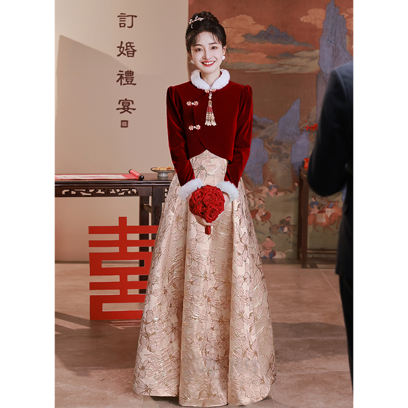 赤いチャイナドレススーツ乾杯ドレス花嫁中国婚約イブニングドレス秋と冬のロングバックドアドレス