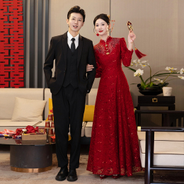 Chinese cheongsam toast Bride wedding dress senior sense of 2023 new wine red wedding dress female autumn and winter national style