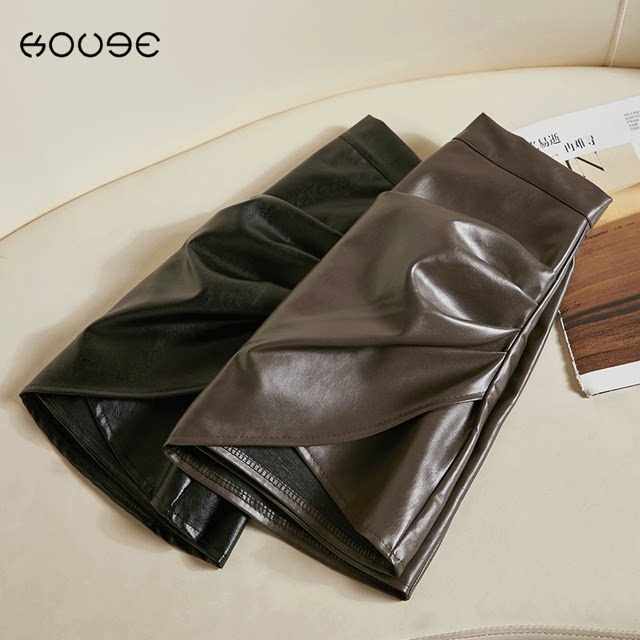 Coffee asymmetric PU leather skirt short skirt for women 2025 spring new design skirt slit slim hip skirt
