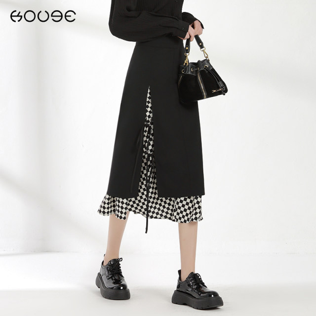 Spliced ​​plaid skirt for women in spring and autumn 2025 new high-waist strap mid-length chessboard plaid a-line skirt