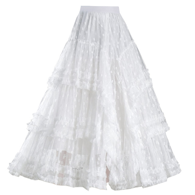 Black irregular lace mesh large umbrella skirt for women 2025 summer new princess fluffy cake pleated long skirt