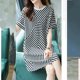 Round neck spliced ​​striped dress 2025 summer women's niche style new straight loose fashionable casual midi skirt
