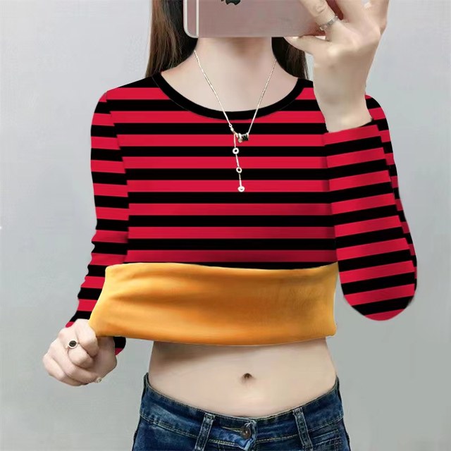 Velvet and thickened 2025 winter new round neck T-shirt bottoming shirt fashionable striped women's warm outer wear long sleeves