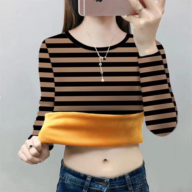 Velvet and thickened 2025 winter new round neck T-shirt bottoming shirt fashionable striped women's warm outer wear long sleeves