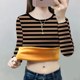 Velvet and thickened 2025 winter new round neck T-shirt bottoming shirt fashionable striped women's warm outer wear long sleeves