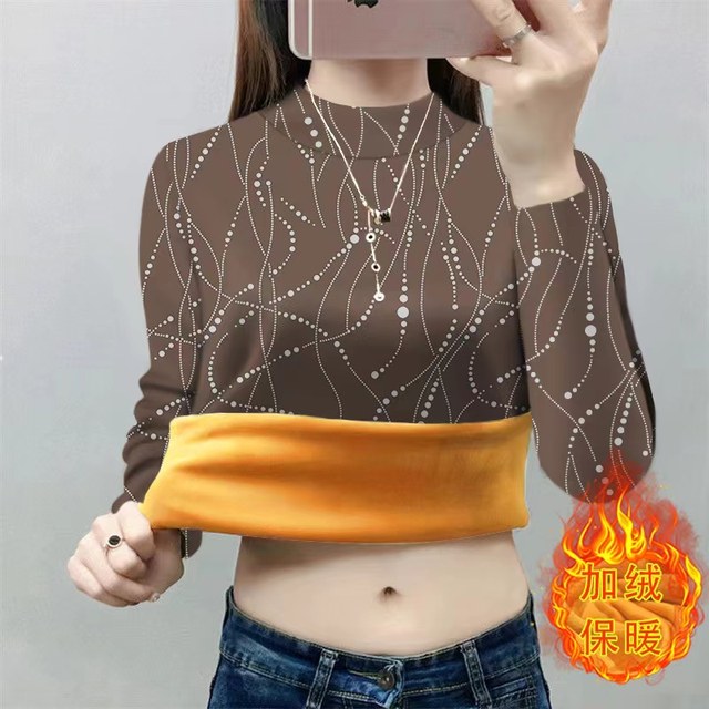 
Adding velvet thickened integrated velvet mother's suit 2025 winter new half-high neck fashionable printed long-sleeved T-shirt warm clothes