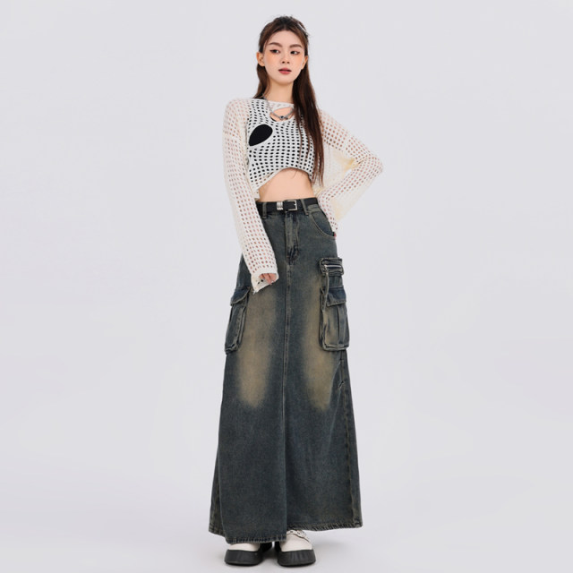 American high waist slit design touching workwear denim skirt for women spring and summer new multi-pocket A-line mid-length skirt
