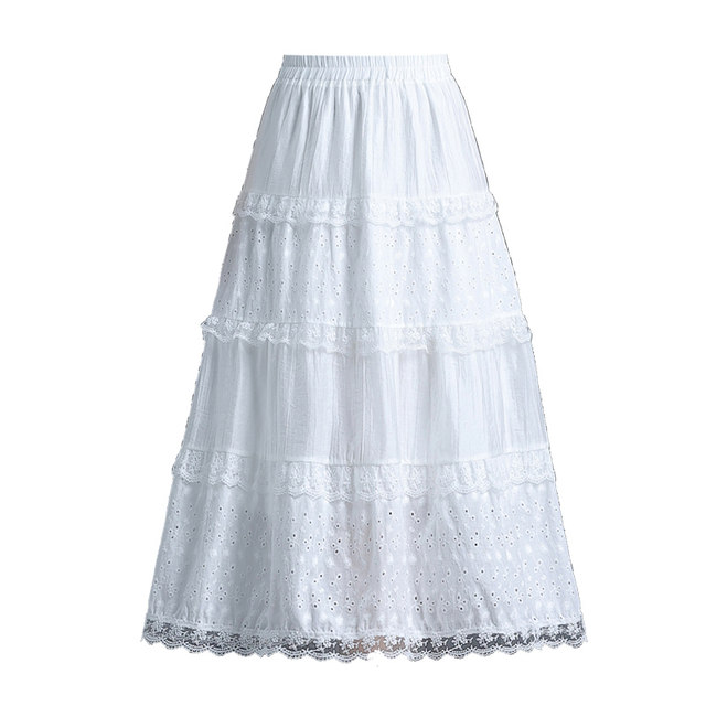 White lace spliced ​​skirt versatile elastic high waist slim A-line umbrella skirt cake skirt long skirt summer skirt