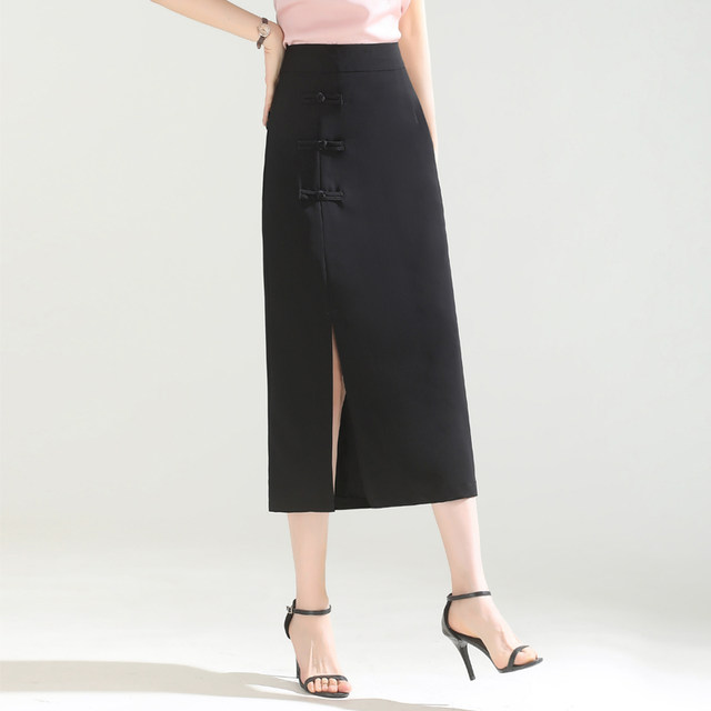 Retro Chinese style slit suit skirt for women 2025 summer thin high-waisted temperament slim straight hip long skirt