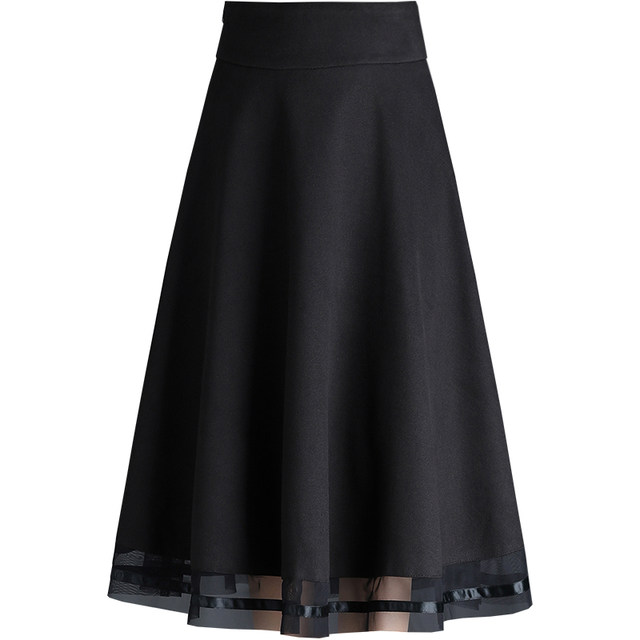 Spliced ​​mesh wool skirt for women 2025 Spring and Autumn New High Waist A-line Skirt Mid-length Black Umbrella Skirt
