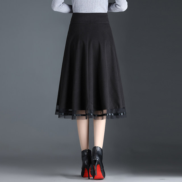 Spliced ​​mesh wool skirt for women 2025 Spring and Autumn New High Waist A-line Skirt Mid-length Black Umbrella Skirt
