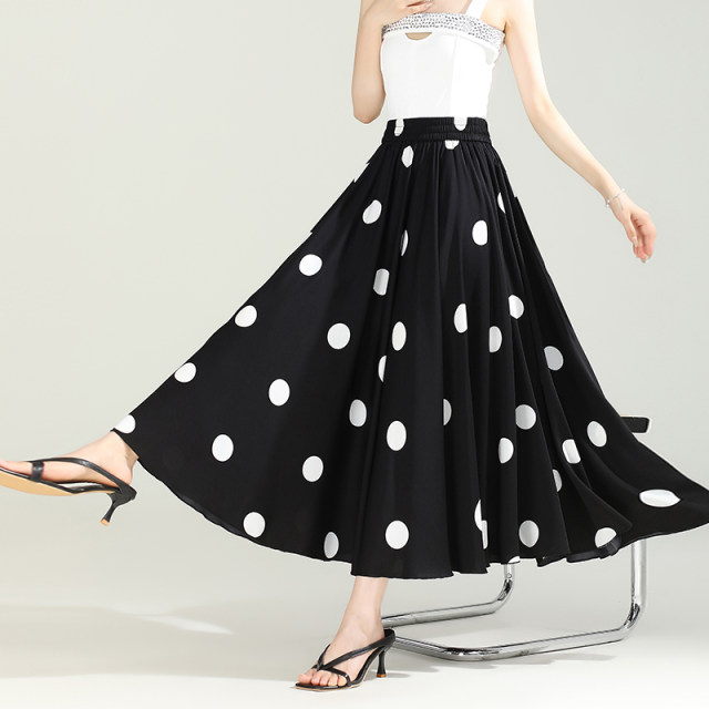Printed chiffon large hem skirt long skirt for women 2025 summer new high-waist slimming A-line elastic waist skirt
