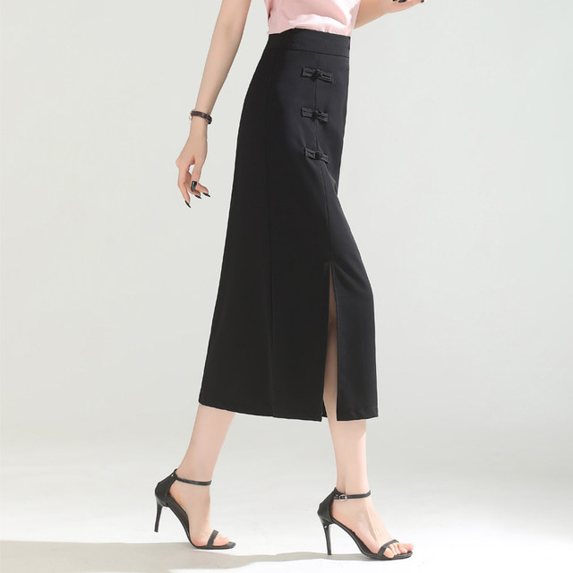 Retro Chinese style slit suit skirt for women 2025 summer thin high-waisted temperament slim straight hip long skirt