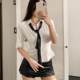 Walnut hot girl JK uniform slim white waist tie mid-sleeved shirt women's pure desire style slim short top
