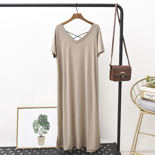 New dew -back long skirt female Xia Modal V -neck leisure bottom skirt short -sleeved dress large size loose A -line skirt
