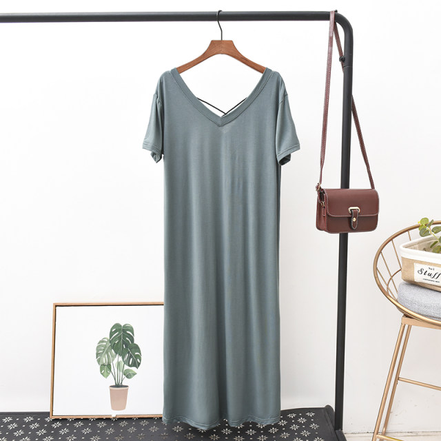 New dew -back long skirt female Xia Modal V -neck leisure bottom skirt short -sleeved dress large size loose A -line skirt
