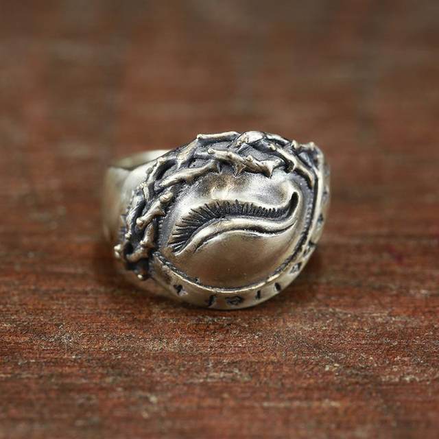Niubun Seiko Mad Graffiti Frosted Atomized Old Retro 925 Sterling Silver Eye of Thorns Ring for Men and Women