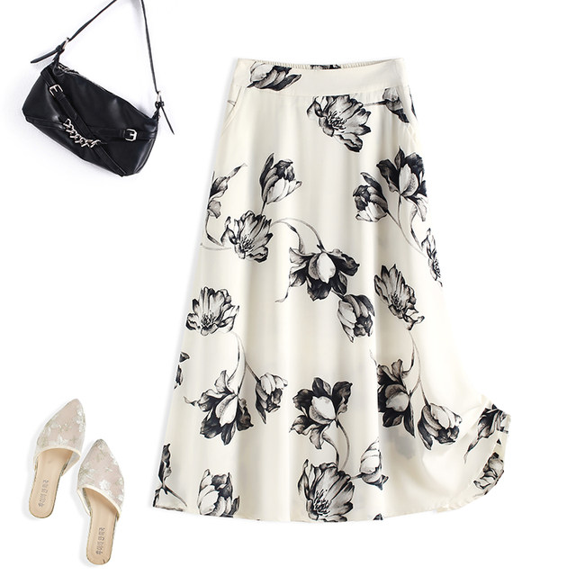 Fashion printed A-line skirt for women in summer 2025 new high-waisted slim drooping skirt mid-length commuting large hem skirt