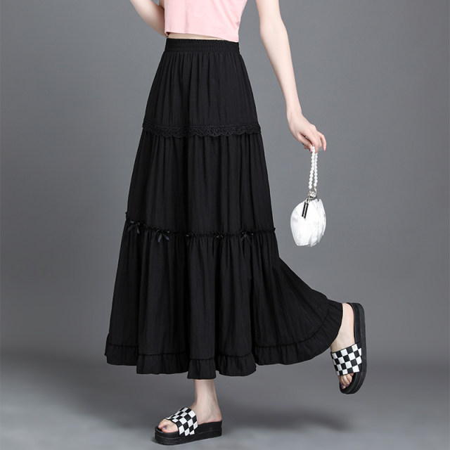 Korean sweet casual spliced ​​skirt for women in 2025 spring new midi skirt high waist slim and versatile A-line skirt