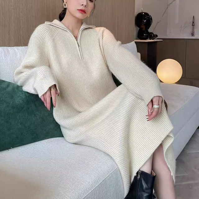 Autumn and winter half -high neckline thin dress female micro -fat size fat MM medium long loose and loose meat lazy wind knitted skirt