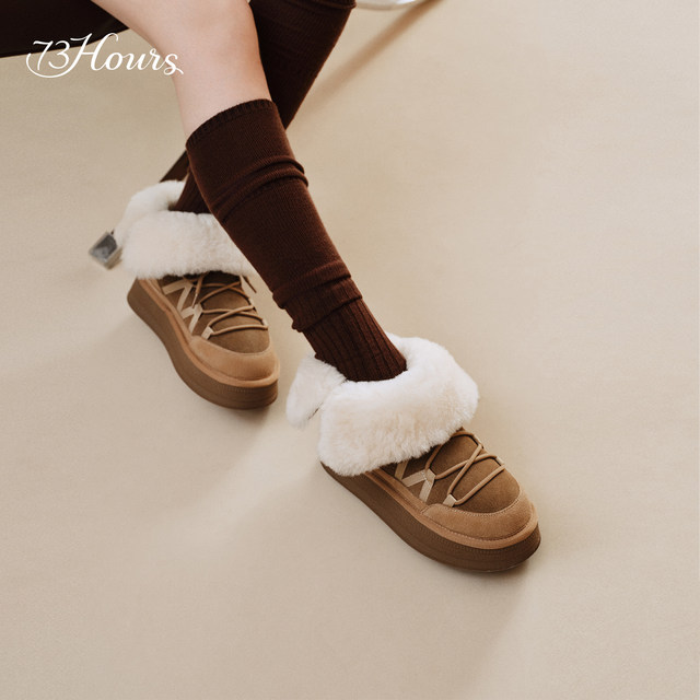 73hours Women's Shoes Furry Cloud 2025 Winter New Style Round Toe Thick Sole Warm Plus Velvet Snow Boots Furry Shoes
