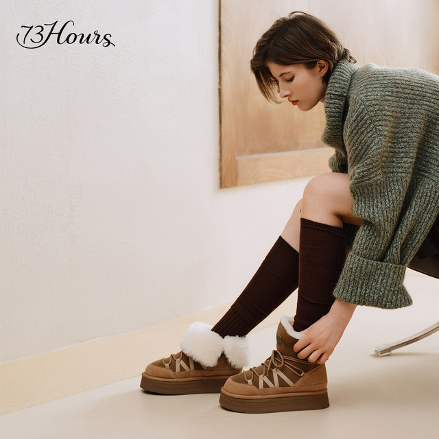 73hours Women's Shoes Furry Cloud 2025 Winter New Style Round Toe Thick Sole Warm Plus Velvet Snow Boots Furry Shoes