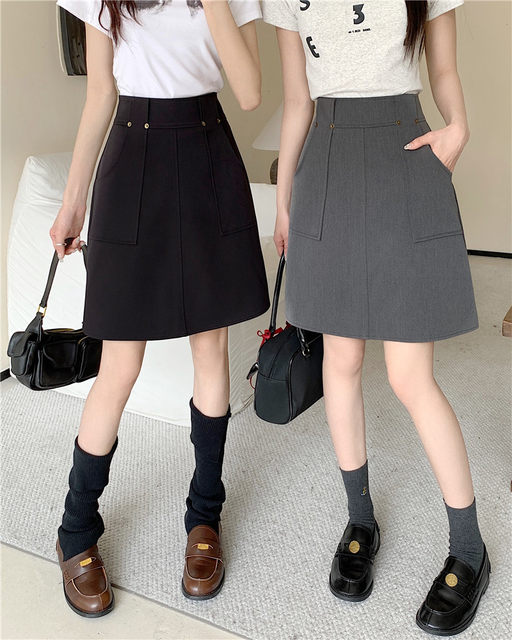 Large size retro gray suit skirt for women summer mid-skirt high waist pocket A-line skirt slim mid-length hip-cover skirt