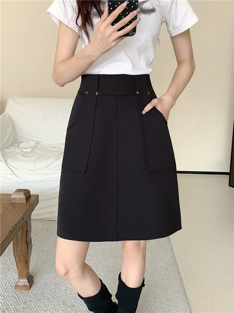 Large size retro gray suit skirt for women summer mid-skirt high waist pocket A-line skirt slim mid-length hip-cover skirt