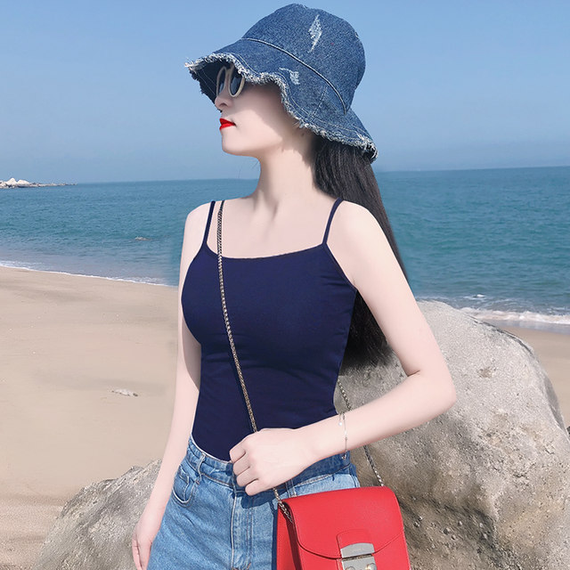 Hot girl's navy blue pure cotton tube top small camisole with summer outer wear and versatile sexy top with beautiful back