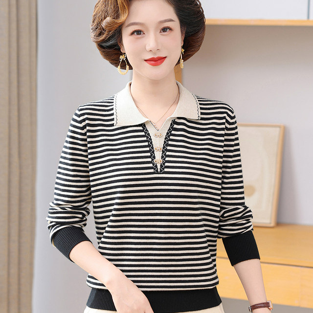 Mother's autumn knitted bottoming shirt striped top middle-aged thick sweater middle-aged women's spring and autumn outer wear foreign style