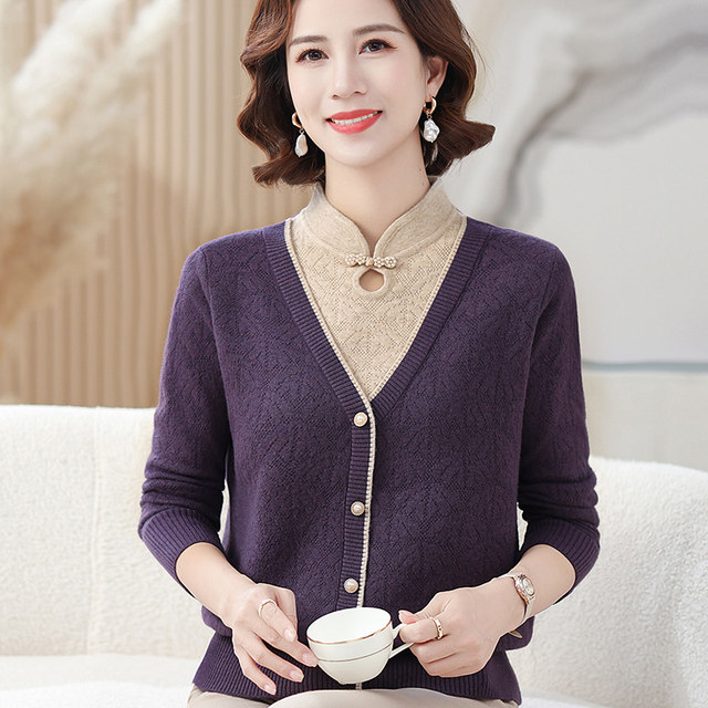 Young mother autumn clothing bottom shirt half -high neck loose sweater middle -aged and elderly women's autumn and winter needle weaving two tops