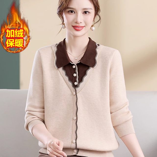 Mom's autumn clothing new sweater style lapel knitted sweater middle-aged and elderly women autumn and winter long-sleeved bottoming shirt top