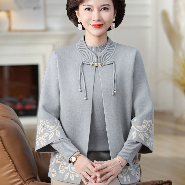 New mothers dress autumn and winter foreign jackets Middle -aged and elderly women's Chinese wedding clothes needle cardigan and velvet sweater jacket
