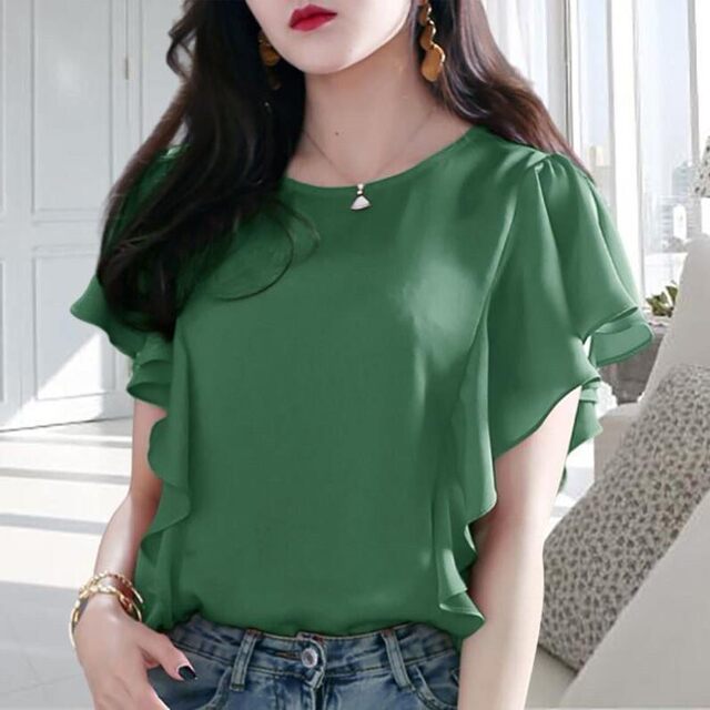 Temperate ruffled chiffon shirt short-sleeved 2024 summer new large size loose slim T-shirt belly covering top for women
