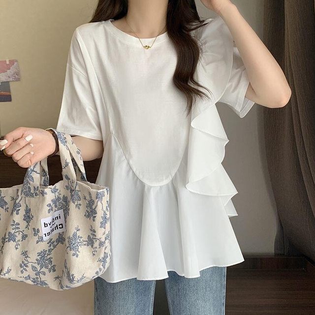 Large size fat mm ruffled spliced ​​short-sleeved T-shirt for women 2024 summer new design, age-reducing slim top for women
